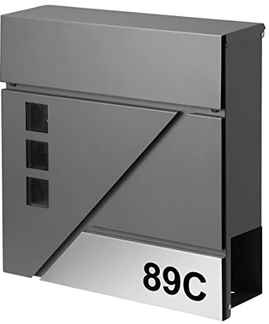 AMARE Design Briefkasten Postbox mit Zeitungsfach und Hausnummer 37 x 37 x 10 cm, Edelstahl-Anthrazit, 1