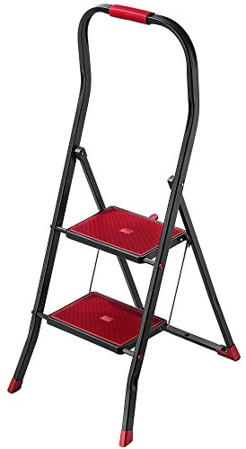 KADAX Klappbare Stahlleiter, 2-stufige Trittleiter mit rutschfesten Stufen, Traglast bis 150 kg, schwarz-rot, mit Klappsicherung und Handlauf