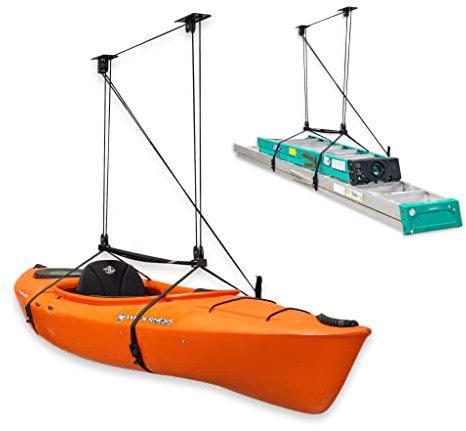 StoreYourBoard Garage Storage Ceiling Pulley System 2 Pack, Kayak Canoe Cargo Ladder Lift, Heavy Duty Holds 150 lbs