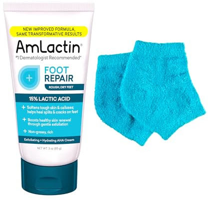 AmLactin Foot Repair Cream with Moisturizing Socks, Therapeutic Foot Cream for Dry Cracked Heels and Feet, No-Scrub Exfoliator & Moisturizer with 15% Lactic Acid AHA, 3 oz (Packaging May Vary)