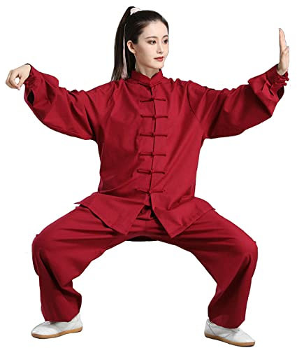 Tai-Chi-Kleidung für Herren und Damen, Kampfsportanzug, Kung-Fu-Uniform, Taijiquan-Aufführungskleidung, lockere, langärmelige Meditations-Übungskleidung im chinesischen Stil, Rot-S