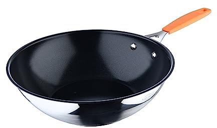 San Ignacio Compact - 28 cm Wok - Alluminio forgiato - Fusion di Whitford interno in nero nero - Esterno in finitura Matt - Elenco di induzione - Dettaglio in acciaio inossidabile Dettaglio colore