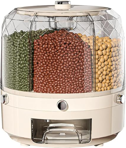XINWEIOZ Grain Storage Container, 360° Rotating Round Dry Food Jar, Transparent Grain Lentil Dispenser with 6 Compartments, Button Press Cereal Rice Dispense Box