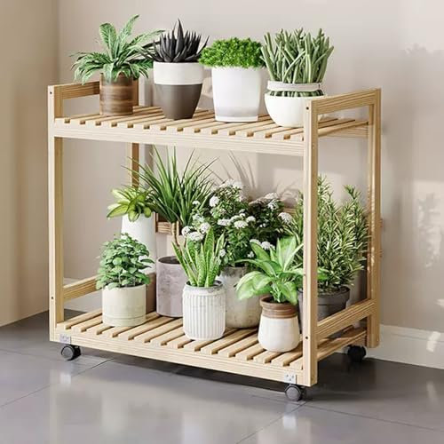 Soporte de madera para plantas con ruedas, estante de 2 niveles para jardín, balcón, sala de estar, soporte de flores de esquina de 30.3 pulgadas y escalera para macetas