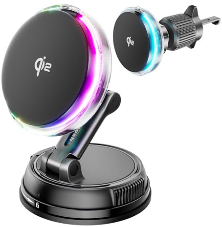 Qi2 15W Caricatore Wireless Auto Magsafe con Ventola di Raffreddamento, [Caricatore Rapido Refrigerante con Luci RGB] Supporto Magnetico Telefono Wireless Auto Compatibile con iPhone 17/16/15/14/13/12