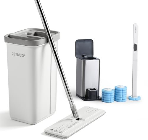 JOYMOOP Flat Mop and Bucket Set with Microfiber Pad, 12 Disposable Toilet Brushes with Stainless Steel Holder, Multi-Functional Cleaner for Household & Commercial Use, Floors, Windows & Toilets