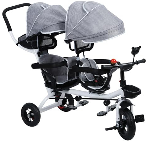 Toddler Tricycle, Twin Baby Stroller with Canopy, Trike for Toddler, Push Tricycle with Shockproof Rubber Wheel, Walking Baby Stroller with Storage Basket & Safety Harness Grey