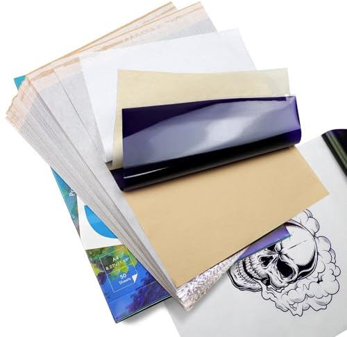 Papel Stencil Tattoo Transfer, 50 Hojas Papel Transfer Tattoo, A4 Papel Hectografico Tattoo Ideal para Impresora Tatuajes y Diseño DIY TATELF