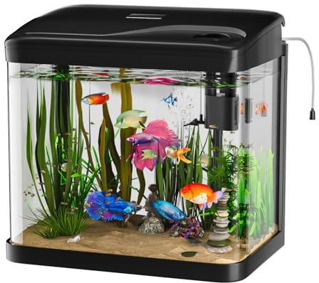 PUTINEI Acquario in Vetro Acquario Completo Acquarios Per Pesci Rossi,con Illuminazione a LED e Sistema di Filtraggio,15 Litri,Nero,Set Per Principianti