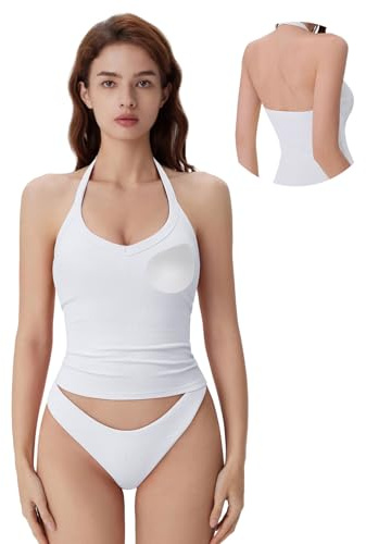 SUUKSESS Halter Tank Top for Women with Built in Bra Cotton Ribbed V Neck Cami