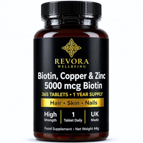 Revora Biotin 5000mcg (Vitamin B7) with Zinc & Copper Tablets, 1 Year Supply, 365 Tablets, Hair Skin & Nails Support, High Strength Biotin Supplement, UK Made Vegan
