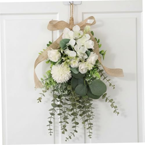 ghirlanda floreale a goccia, bouquet da appendere con crisantemo bianco eucalipto bianco artificiale per matrimonio sulla parete della porta d'ingresso