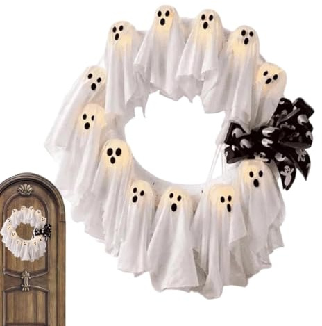 Halloweenkransar 35 cm upplyst Halloween-spöke fönsterprydnad | med timer och fjärrkontroll LED-innerkrans för semesterfest, entré, trädgård, gård och spökhus