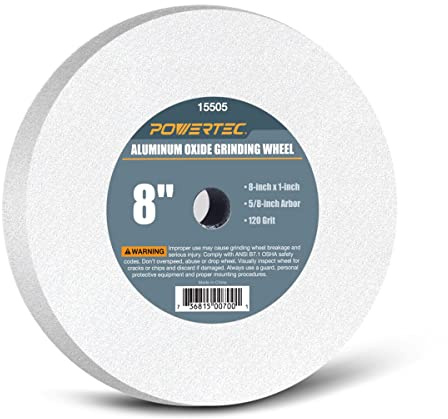 POWERTEC 15505 Bench and Pedestal Grinding Wheels, 8 Inch x 1 Inch, 5/8 Arbor, 120 Grit White Aluminum Oxide Bench Grinder Wheel for Grinding and Sharpening Cutting Tools, 1PK