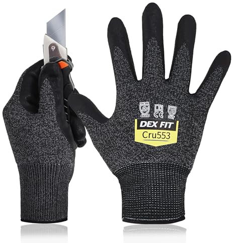 DEX FIT Level 5 Schnittschutzhandschuhe Cru553; 3D-Komfort-Passform, Fester Griff, Dünn und Leicht, Touchscreen-Kompatibel, Langlebig, Atmungsaktiv und Kühl, Waschbar; Schwarz Grau XL (10) 1 Paar