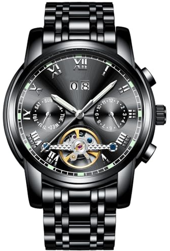 RORIOS Mode Luxe Automatique Mécanique Homme Montres Bracelet Calendrier Lumineux Acier Inoxydable Étanche Multifonction Tourbillon Montres, Noir B, Bracelet, Noir B, Bracelet