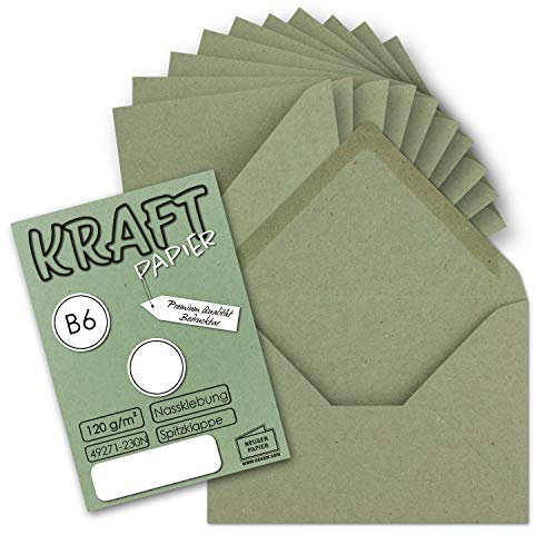 50x Vintage Briefumschläge in dunkelgrün (grün) DIN B6 125 x 178 mm Kraftpapier 120 g/m² Recycling Nassklebung Spitzklappe - UmWelt by GUSTAV NEUSER