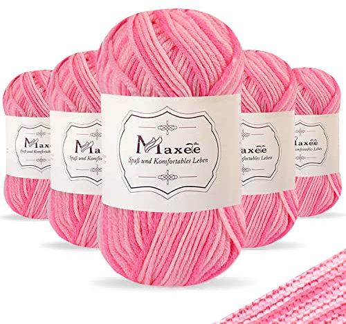 Maxee Handstrickgarn, 5x50 g Häkelgarn, Bunt Farbverlauf Acrylgarn zum Stricken, Weicher Wolle zum Häkeln, Mehrfarbiges Garn zum Stricken Häkeln und Basteln