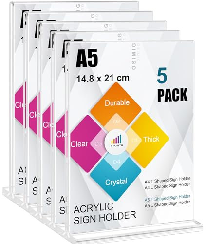OSIMIG 5 Stück Aufsteller A5, Tischaufsteller Werbeaufsteller Glasklar Acryl, Tischständer Acryl T-Ständer für Prospekte Werbung Fotorahmen Menükarte, Büro, Restaurant, Cafe, Shop