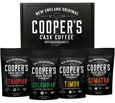 Gourmet Decaffeinated Coffee Sampler Gift Box Set | Whole Bean Coffee 4 bags, Ethiopian, Colombian, Timor, Sumatra Water Processed (Whole Bean, 16oz Decaf)