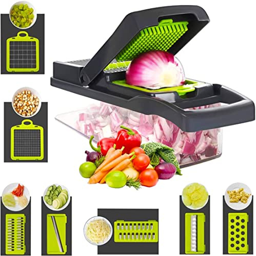 Picador de Verduras Multifunción, Cortador de Verduras, Mandolina con 6 Cuchillas de Acero Inoxidable, Cortador para Cortar y Rallar Vegetales