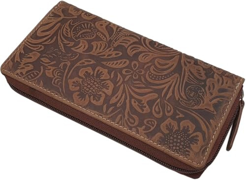 myledershop Große Vollrindleder Damen Geldbörse/Geldbeutel/Portemonnaie/Geldtasche/Portmonee rundherum mit Lianen oder ohne Prägung und RFID & NFC Schutz inkl. Nähset (Mit Lianen Prägung/Cognac)