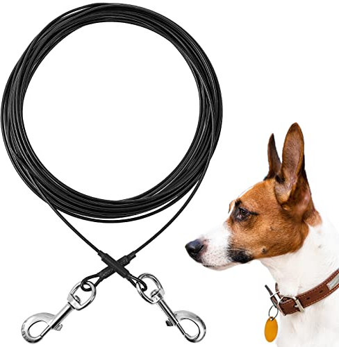 Cable de amarre para perros, 20 pies para perros a prueba de masticación, cable de amarre resistente para perros de hasta 60 libras, línea de amarre duradera para exteriores (negro, 60 libras, 20 pies