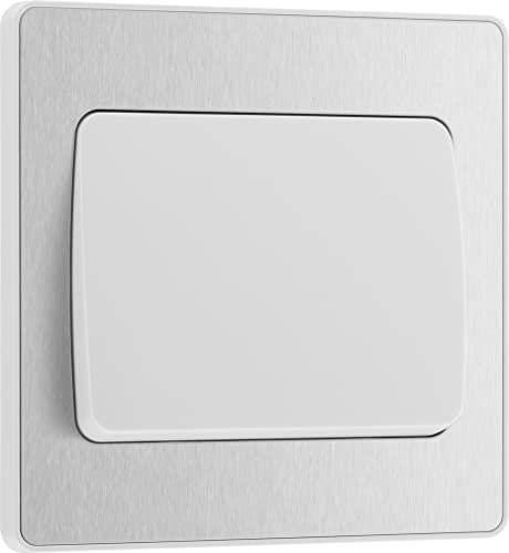 BG Electrical Single Wall Light Switch, Wide Rocker, 2 Way, Screwless Front Plate, Round Edges, Evolve, Brushed Steel, 20A, 16AX, PCDBS12WW
