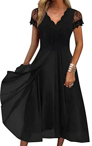 Minetom Femme Robe De Cocktail Soirée Bal en Dentelle Mousseline Manche Courte Promo Demoiselle Honneur pour Fête Cérémonie Anniversaire Bal Mariage Robe E Noir L