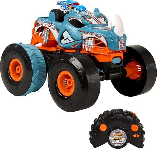 Hot Wheels Monster Trucks Remote Control Car, HW Transforming Rhinomite in 1:12 Scale with 1:64 Scale Race Ace Toy Truck, Converts into Launcher, Connects to Orange Track, HPK27