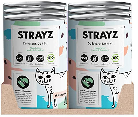 STRAYZ - Bio Katzenfutter Nass - Lachs & Brokkoli, Getreidefreies Premium Nassfutter für Katzen mit 95% Fleischanteil ohne Zucker - 6x400g Dose