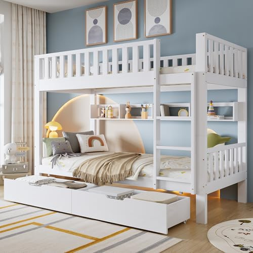 Merax Bunk Bed for Kids, 3FT Solid Pine Wood Single Bed Frame, with under Bed Slide Drawer Storage and Shelf, Children & Teenager Furniture for multi-child Family, White, 90x190cm