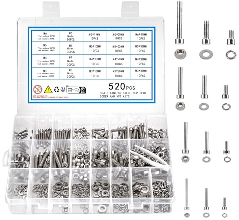 KOXXIAMOQ 520pcs Hex Socket Head Cap Screws Bolts and Nuts and Washers Assortment Kit, Metric M3 M4 M5 M6 Stainless Steel Machine Screws Nuts and Bolts and Washers, Thread Hexagon Allen Bolt
