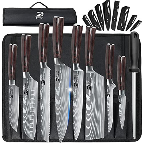 Dfito Set di Coltelli da Cucina Borsa a Rotolo, 8 pezzi set Coltelli da Cucina Professionali,Set di Coltelli da Chef Professionali in Acciaio inox ad Alto Tenore di Carbonio, Estremamente Affilati