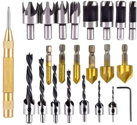 23Pcs Countersink Drill Bit Set - 6 Countersink, 7 Three Pointed, 8 Wood Plug Cutter Bits for Wood DIY