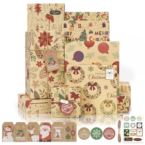 Larcenciel Carta Regalo Natale Kraft, 6 Fogli Carta da Regalo Rossa + Etichette Regalo + Adesivi + Corda per Imballaggio, Carta da Pacchi Regalo Vintage con Fiori Botanici Classici di Natale, 70x50CM