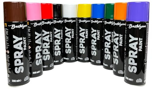 Lot de 10 bombes aérosol 200 ml séchage rapide pour graffiti & déco - Noir, Blanc, Bleu, Vert, Rouge, Jaune, Violet, Orange, Rose, Marron (10 Couleurs)