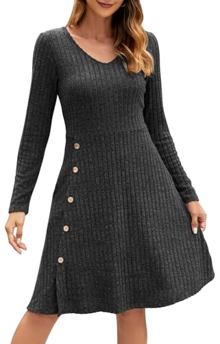 Adigaber Vestido para Mujer Vestidos Midi con Cuello en V de Manga Larga con Botones y Bolsillos