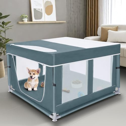 Corralito para perros y gatitos con cubierta, 42 x 42 x 25.5 pulgadas, corralito para cachorros para mascotas pequeñas con cubierta transparente, color verde