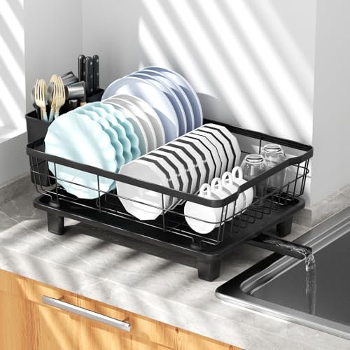 BULIJUJU Dish Drainer Rack with Drip Tray - Compact Space-Saving Stainless Steel Drying Rack for Kitchen Counter, with Removable Cutlery Holder, Drainage Outlet, Drain Board, Black