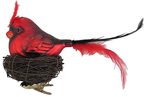Krebs Glas Lauscha - Weihnachtsdekoration/Christbaumschmuck aus Glas - Vogel mit Nest auf Clip - Farbe: Rot - Größe: ca. 20 cm