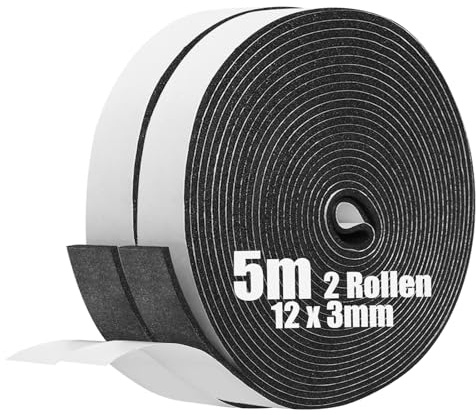 SDLDEER skumgummi självhäftande tätningstejp självhäftande skumtejp för fönster dörrtätningar sigill antikollision ljudisolering (12 mm (B) x 3 mm (D) x 5 m (L),2 rullar)