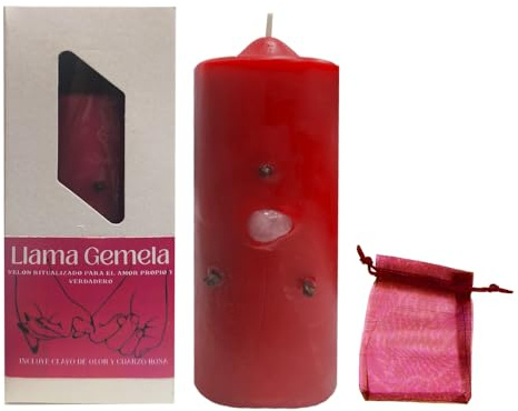 Ritualisierte Kerze mit Zwillingsflamme – Eigene Liebe und wahre Liebe | mit Rosenquarz und Duftnagel im Lieferumfang enthalten | rote esoterische Kerze für Rituale der Anziehung und des