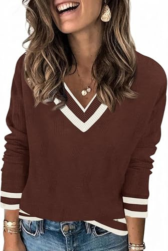 Saodimallsu Jersey de manga larga para mujer, cuello en V, jersey de punto ligero, a rayas, informal, básico, para otoño e invierno