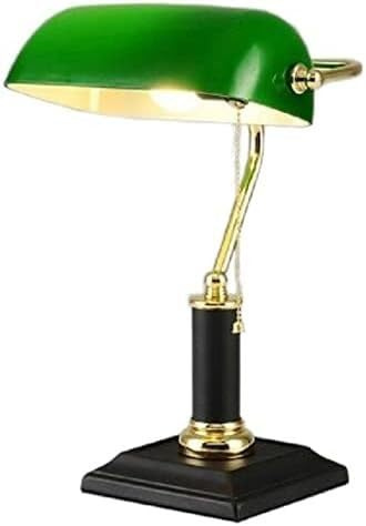 Lámpara de Escritorio/Mesa/mesita de Noche de Estilo Vintage for Estudio, Oficina, lámpara de banquero con Pantalla de Vidrio Verde, Base Negra e Interruptor de Tiro,luminaria LED