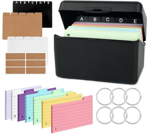 Scatola per Indice Nero, 14,5 x 8 x 9 cm, Set di Flashcards con Scatola, Porta Flashcards per Indice Piccola, Include 230 Fogli Colorati 15 Registri 6 Anelli 6 Adesivi, per Studio, Lavoro e Appunti