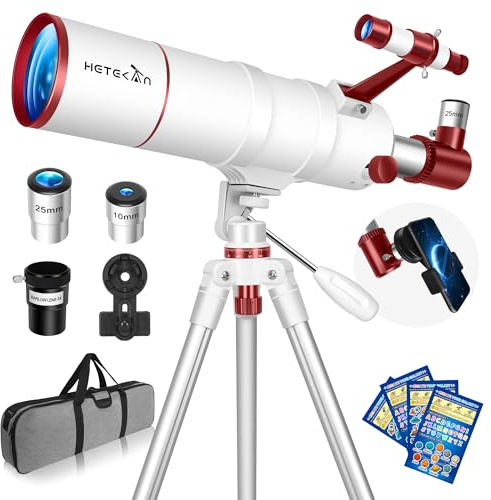 HETEKAN Teleskop für Erwachsene und Anfänger, 90mm Öffnung 550mm Brennweite Tragbares Refraktor-Teleskop (22X-165X) mit 3X Barlow-Linse, AZ-Stativ, Handyadapter, Tragetasche und Dekor-Aufklebern
