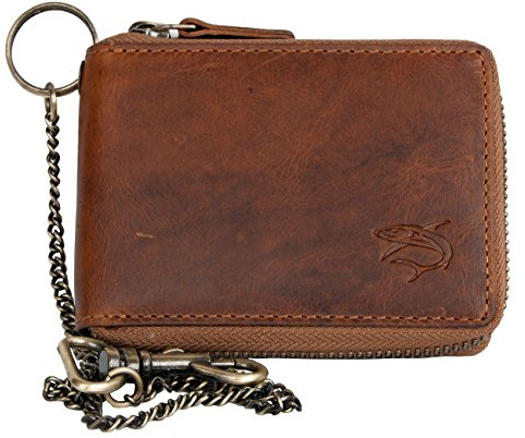 FLW Cerniera piccolo portafoglio biker in vera pelle con squalo con catena in metallo