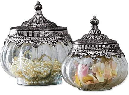 Loberon Glasdosen 2er Set Madelon, Zwei Größen, mundgeblasen, kunstvoll verzierte Deckel im Antik-Stil, Dekoration, Aufbewahrung, Wohn-Accessoire, Glas, Eisen, klar/Silber