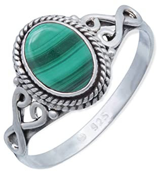 mantraroma Silber Ring Damen 925 Malachit Edelstein grün ausgefallen verspielt